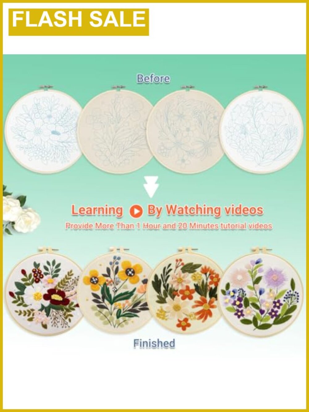 4 Set Embroidery Kit for Beginners Pre-Printed Patterns Hoop Thread Needles - Picture 2 of 5